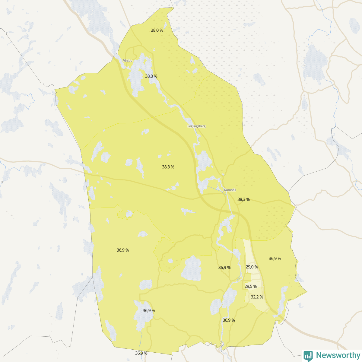 Koroplet-karta över partiets stöd i kommunens valdistrikt. Se tabell.