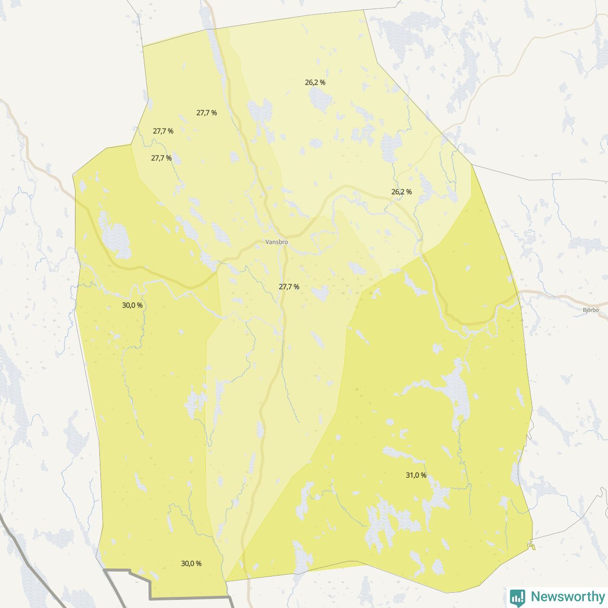 Koroplet-karta över partiets stöd i kommunens valdistrikt. Se tabell.