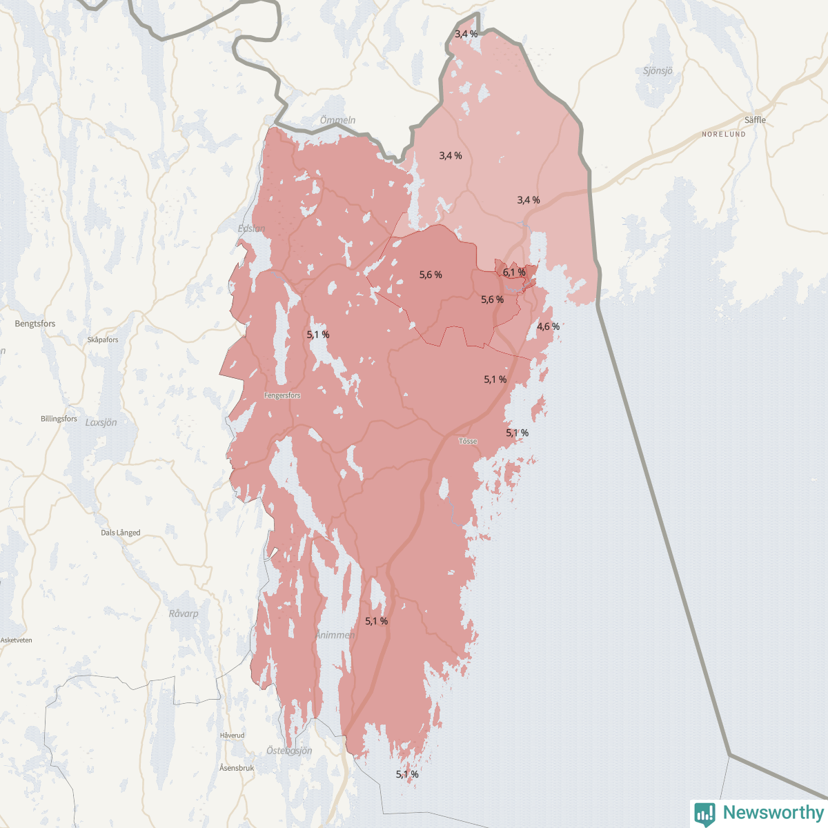 Koroplet-karta över partiets stöd i kommunens valdistrikt. Se tabell.