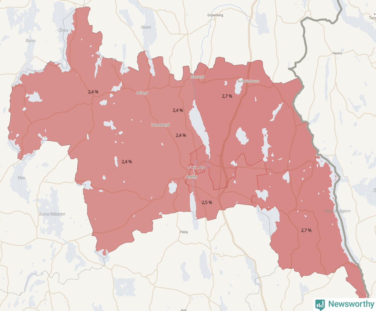 Koroplet-karta över partiets stöd i kommunens valdistrikt. Se tabell.