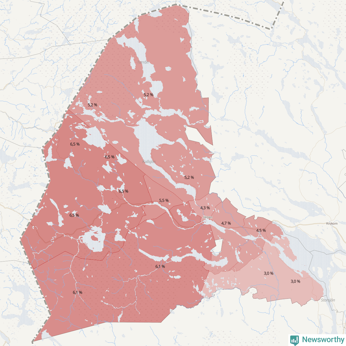 Koroplet-karta över partiets stöd i kommunens valdistrikt. Se tabell.