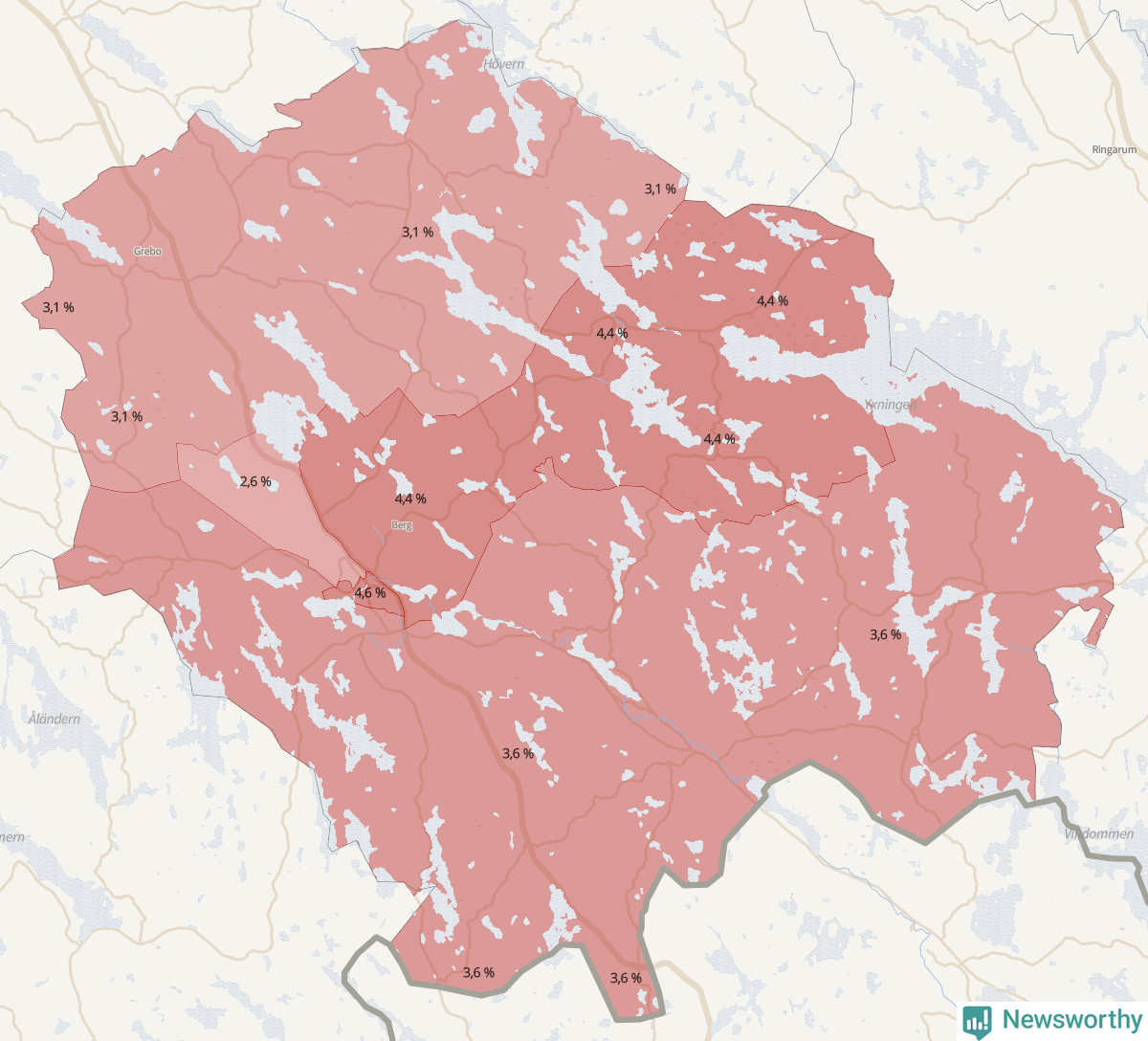 Koroplet-karta över partiets stöd i kommunens valdistrikt. Se tabell.