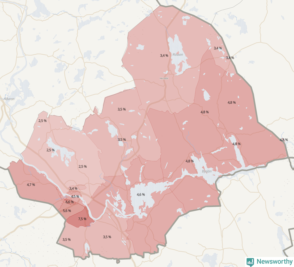 Koroplet-karta över partiets stöd i kommunens valdistrikt. Se tabell.