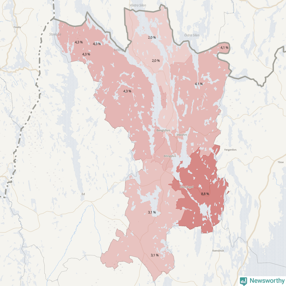 Koroplet-karta över partiets stöd i kommunens valdistrikt. Se tabell.