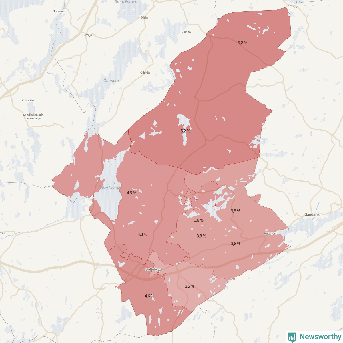Koroplet-karta över partiets stöd i kommunens valdistrikt. Se tabell.