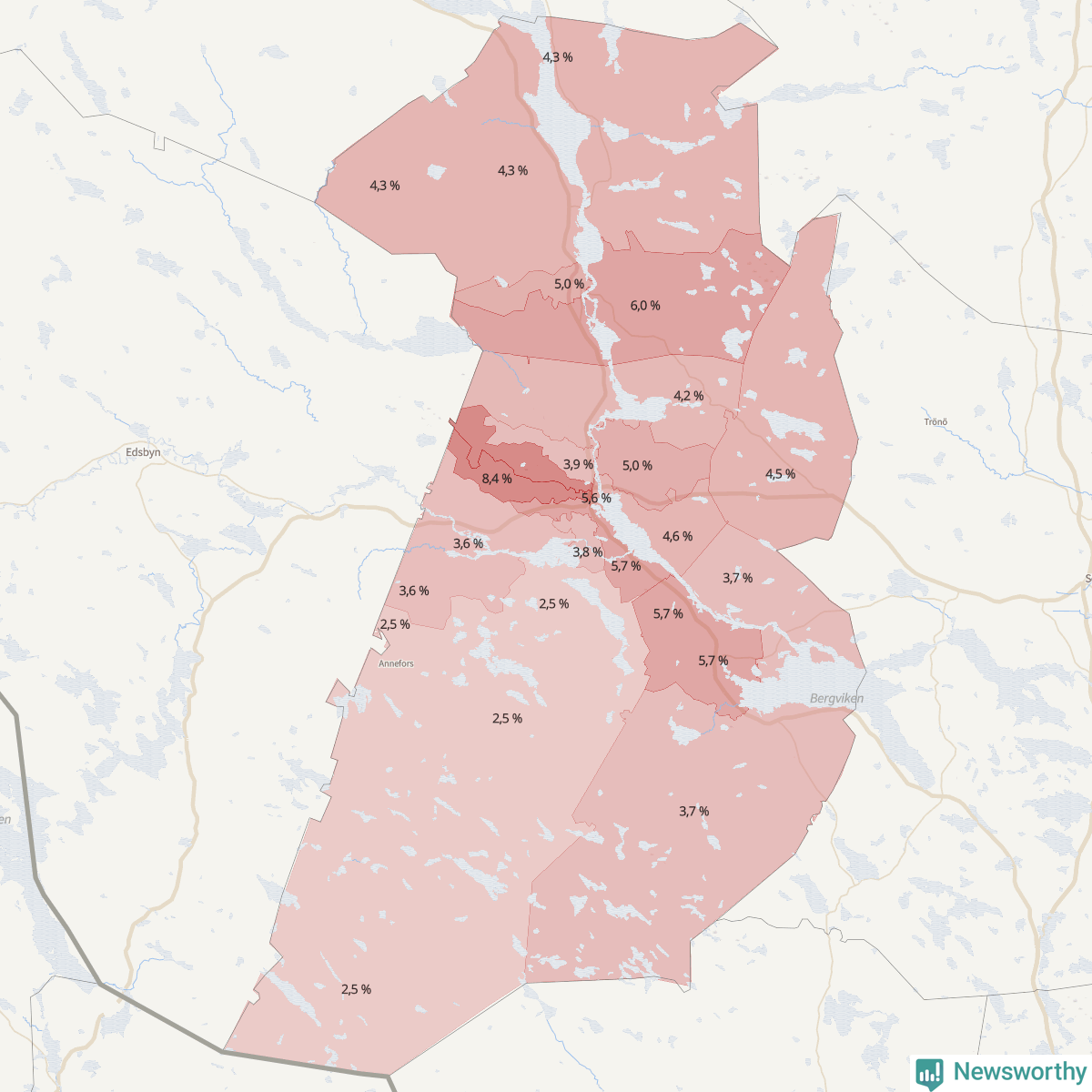 Koroplet-karta över partiets stöd i kommunens valdistrikt. Se tabell.
