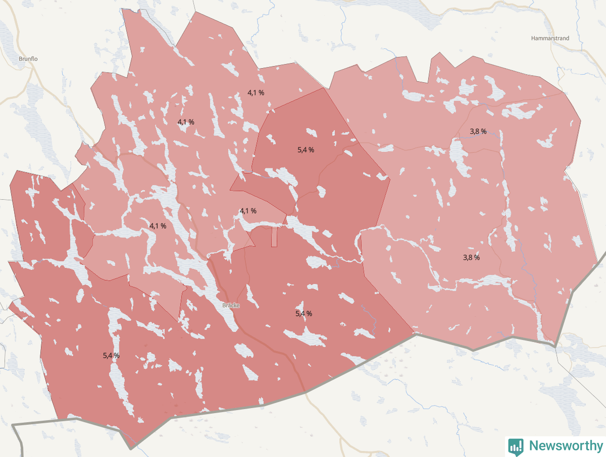 Koroplet-karta över partiets stöd i kommunens valdistrikt. Se tabell.