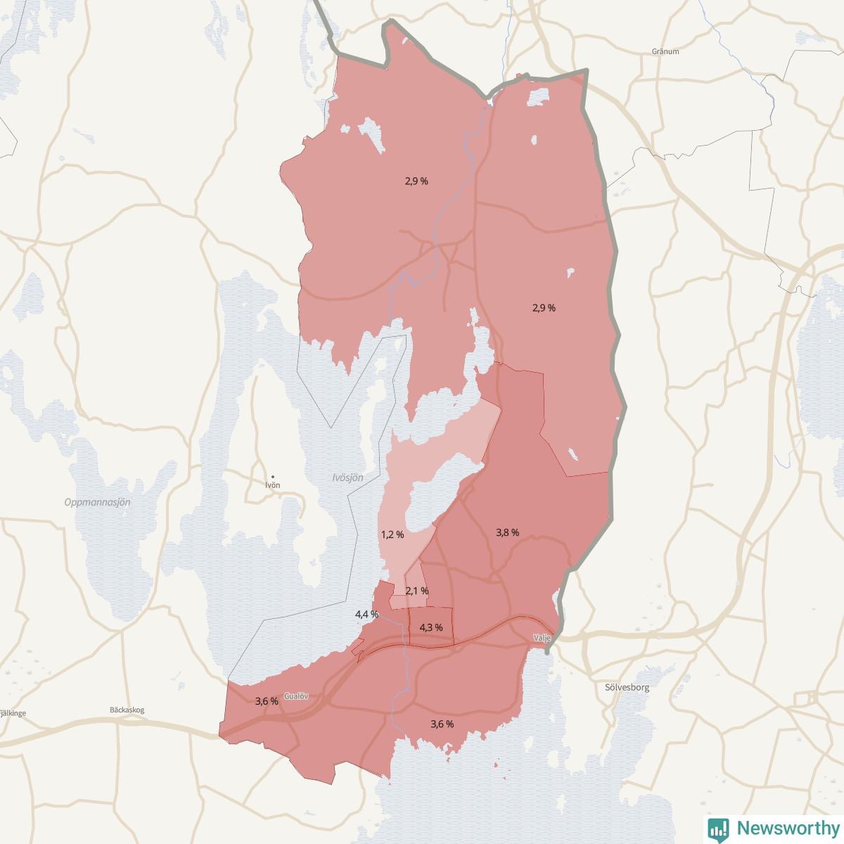 Koroplet-karta över partiets stöd i kommunens valdistrikt. Se tabell.