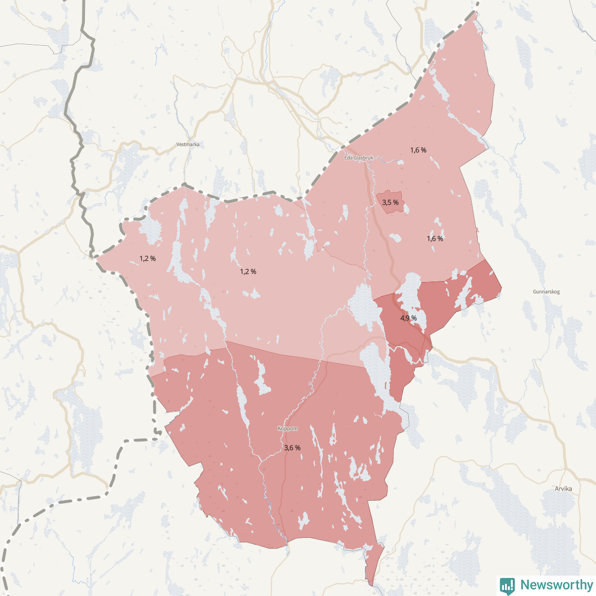 Koroplet-karta över partiets stöd i kommunens valdistrikt. Se tabell.