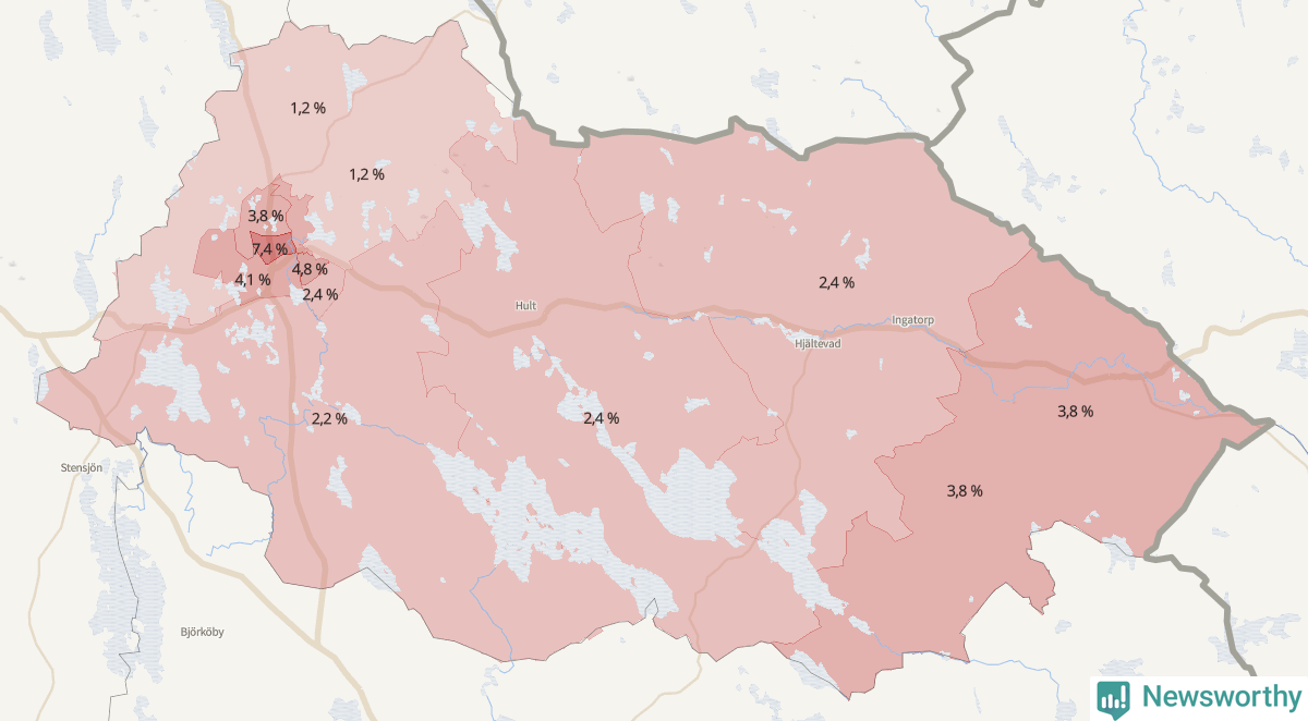Koroplet-karta över partiets stöd i kommunens valdistrikt. Se tabell.