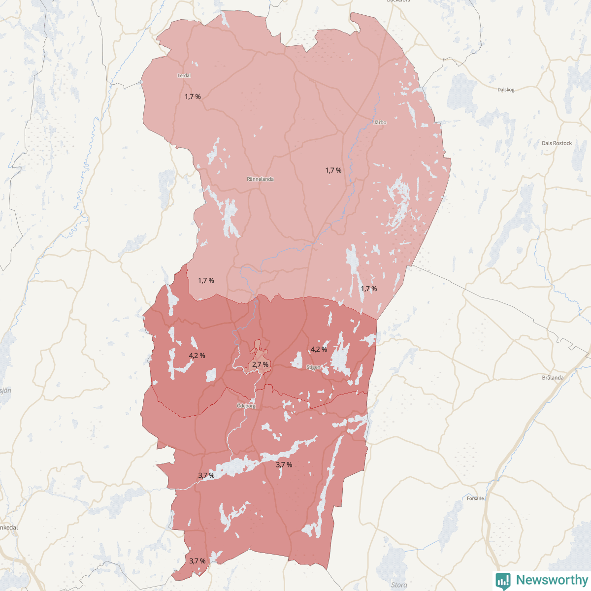 Koroplet-karta över partiets stöd i kommunens valdistrikt. Se tabell.