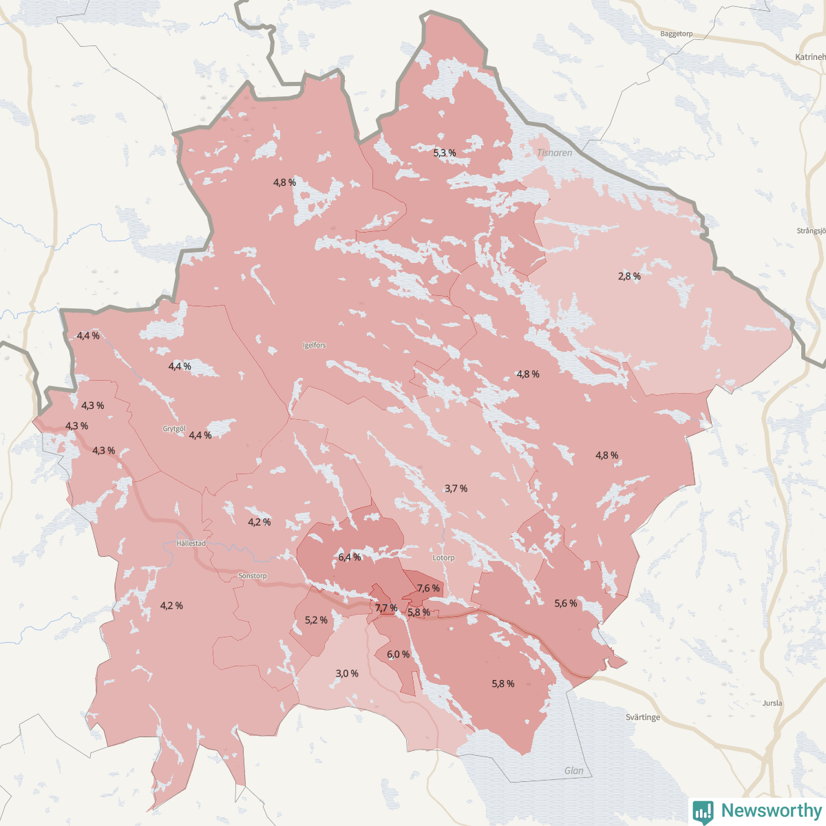 Koroplet-karta över partiets stöd i kommunens valdistrikt. Se tabell.