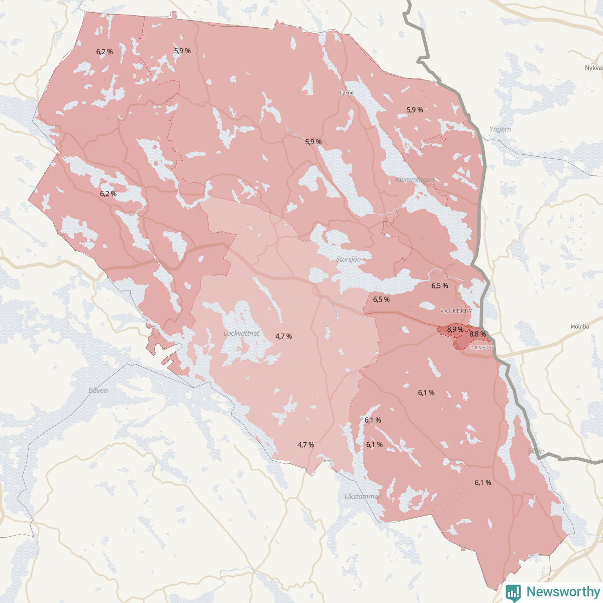 Koroplet-karta över partiets stöd i kommunens valdistrikt. Se tabell.