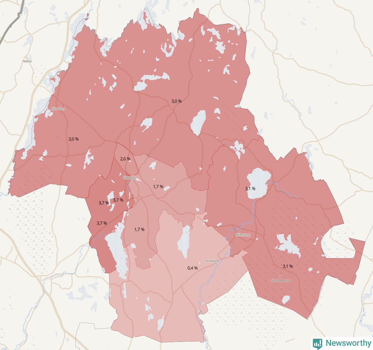 Koroplet-karta över partiets stöd i kommunens valdistrikt. Se tabell.
