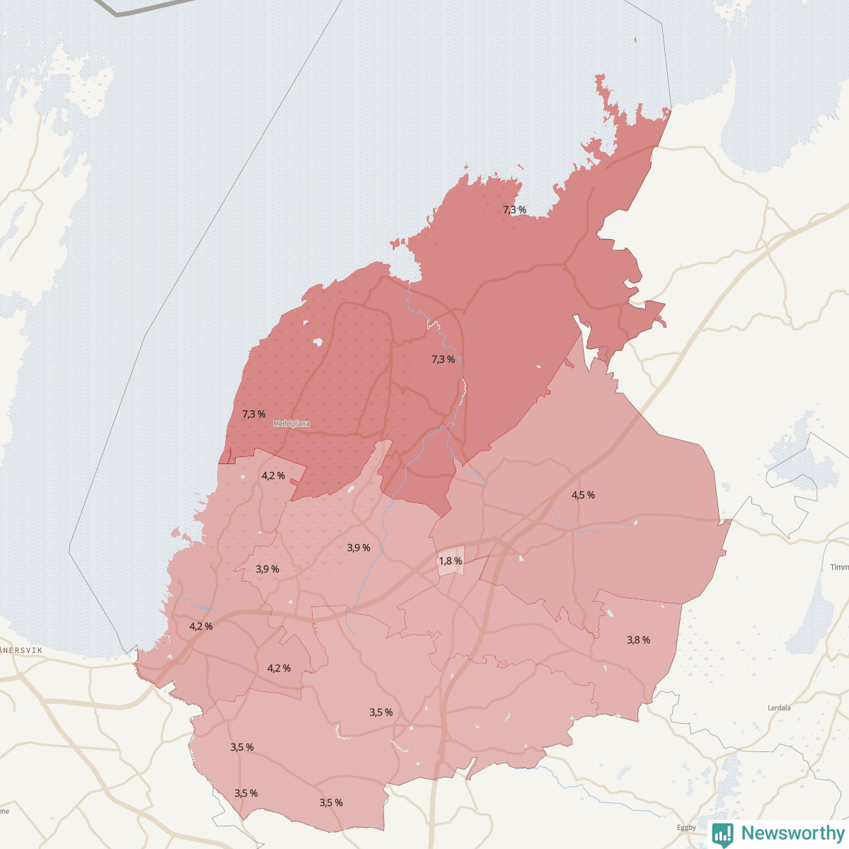 Koroplet-karta över partiets stöd i kommunens valdistrikt. Se tabell.