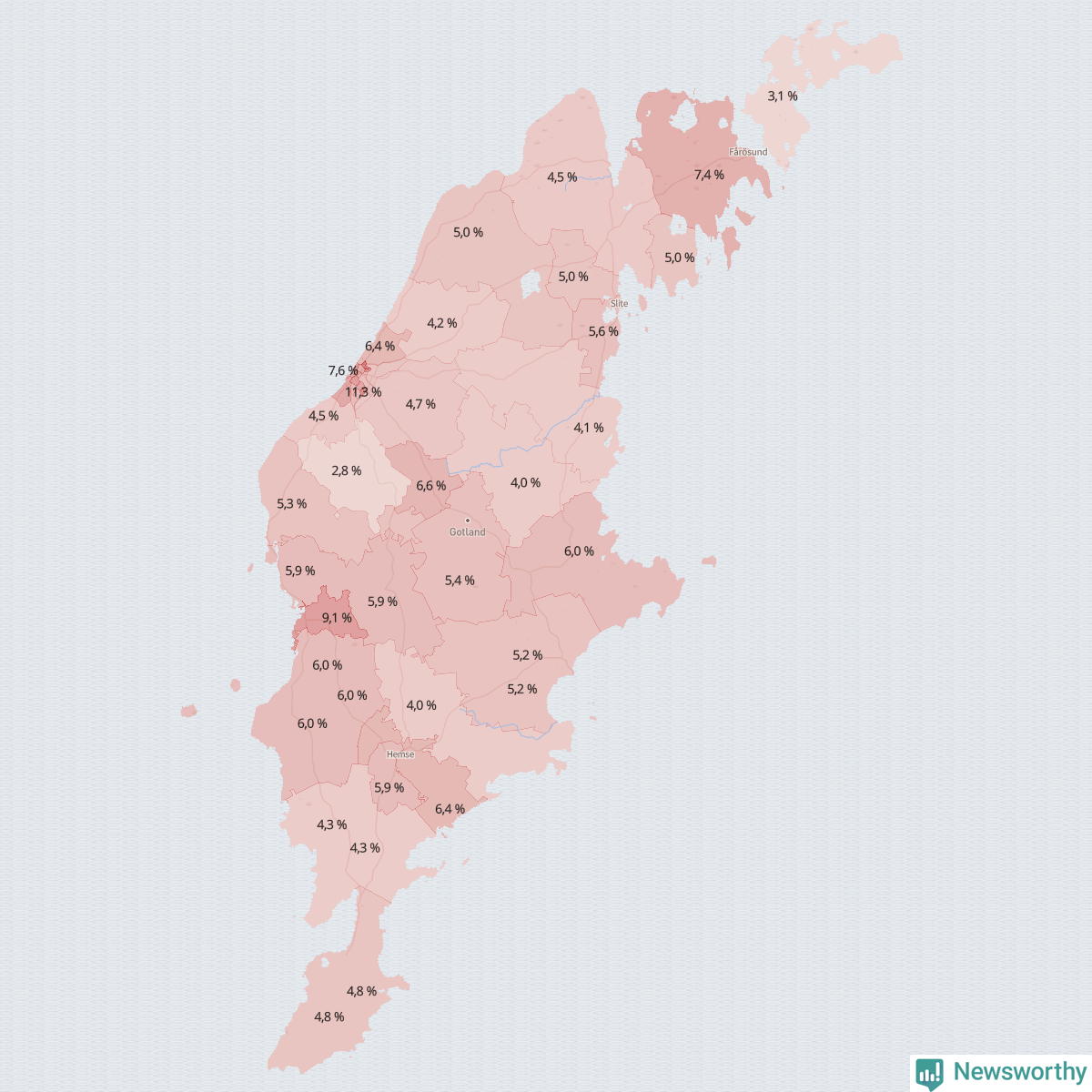 Koroplet-karta över partiets stöd i kommunens valdistrikt. Se tabell.