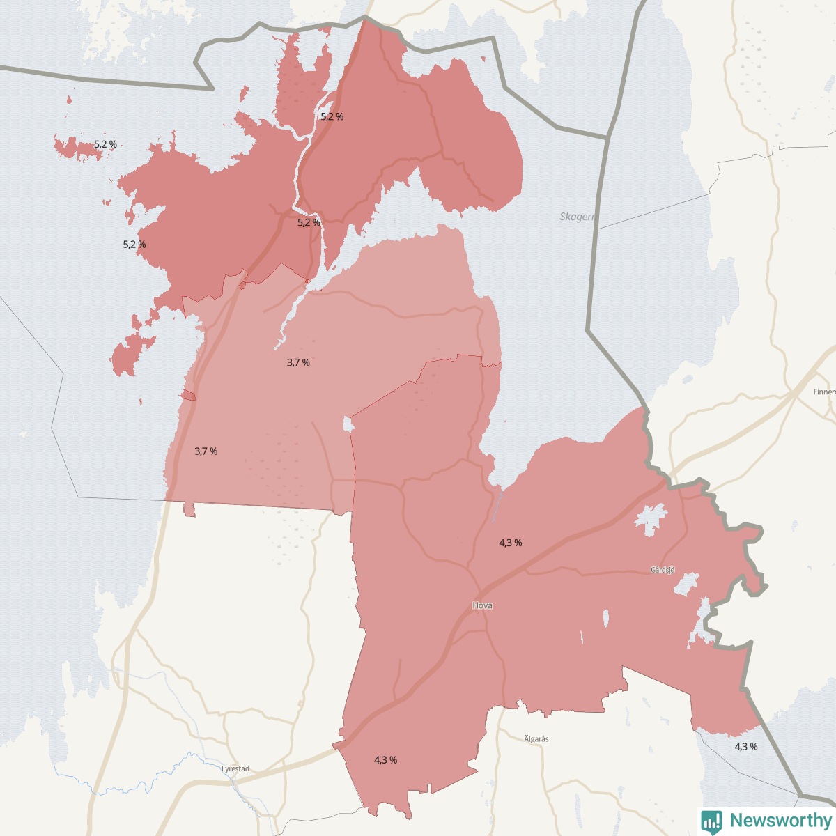 Koroplet-karta över partiets stöd i kommunens valdistrikt. Se tabell.