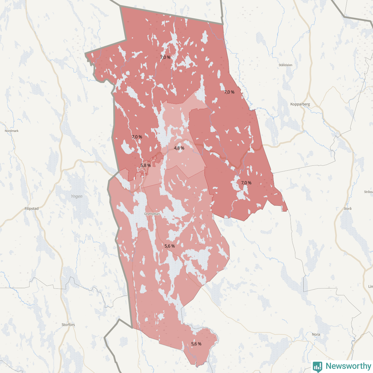 Koroplet-karta över partiets stöd i kommunens valdistrikt. Se tabell.