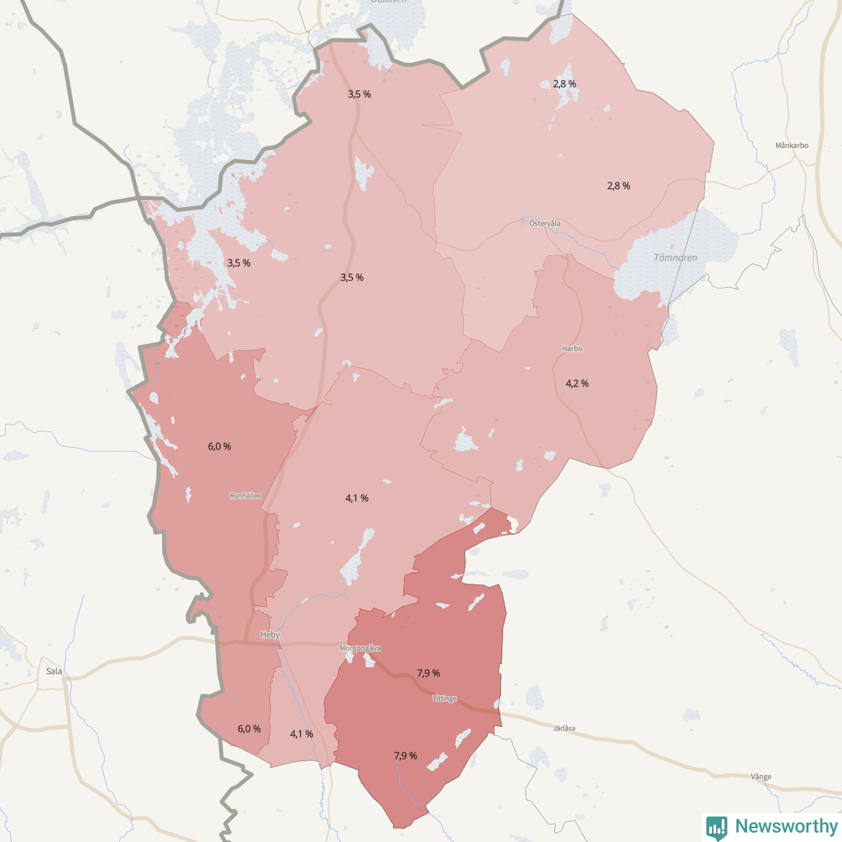 Koroplet-karta över partiets stöd i kommunens valdistrikt. Se tabell.