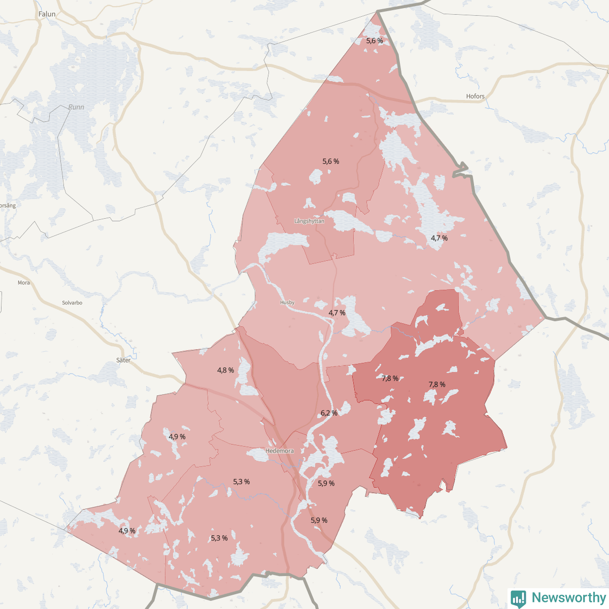 Koroplet-karta över partiets stöd i kommunens valdistrikt. Se tabell.