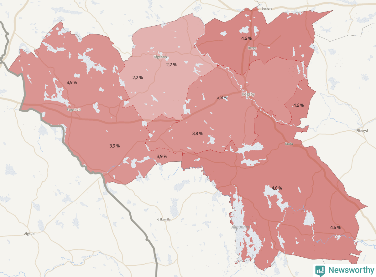 Koroplet-karta över partiets stöd i kommunens valdistrikt. Se tabell.