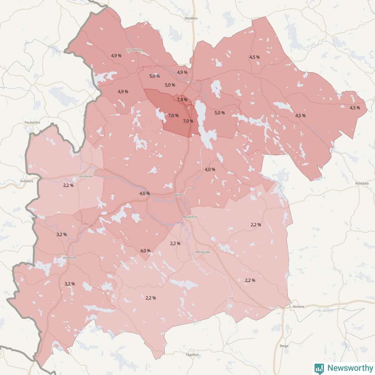 Koroplet-karta över partiets stöd i kommunens valdistrikt. Se tabell.