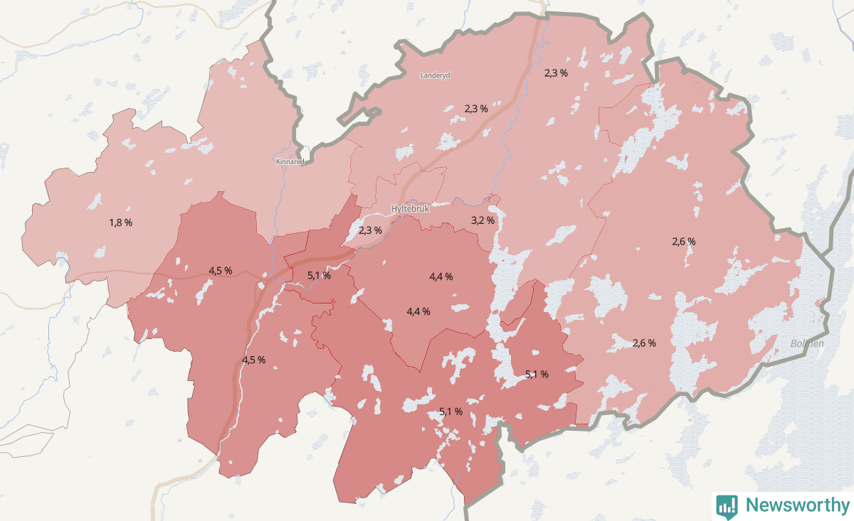 Koroplet-karta över partiets stöd i kommunens valdistrikt. Se tabell.