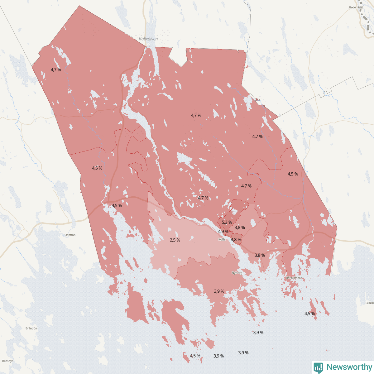 Koroplet-karta över partiets stöd i kommunens valdistrikt. Se tabell.