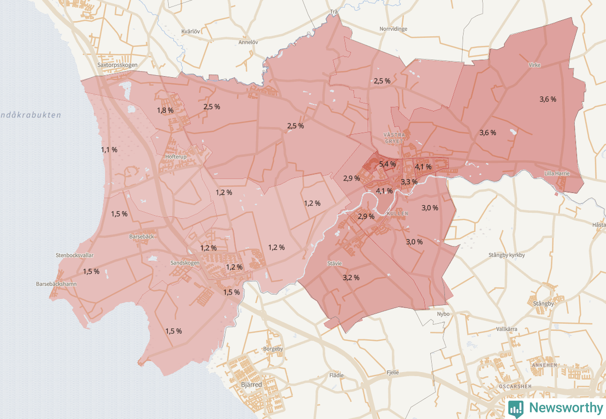 Koroplet-karta över partiets stöd i kommunens valdistrikt. Se tabell.