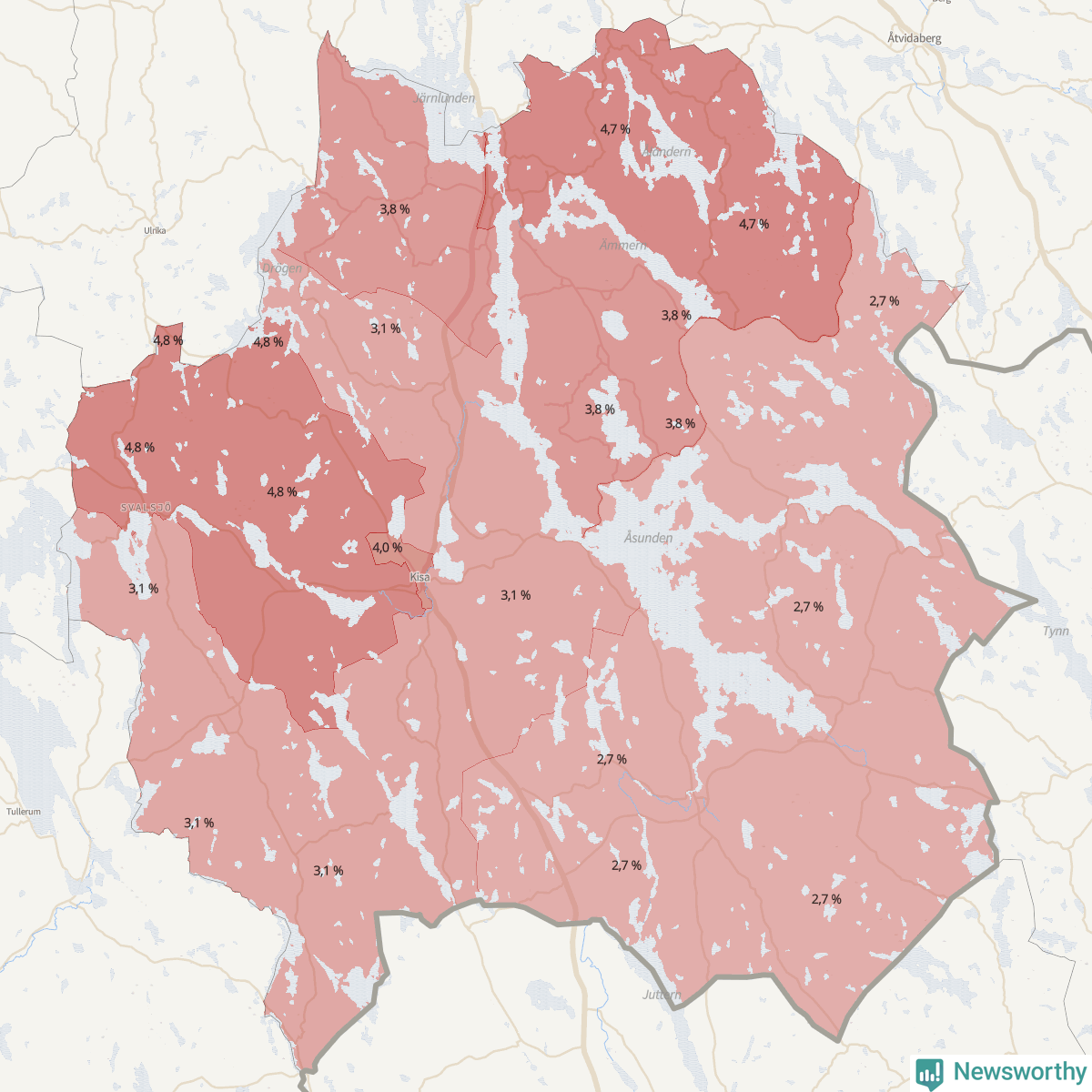 Koroplet-karta över partiets stöd i kommunens valdistrikt. Se tabell.