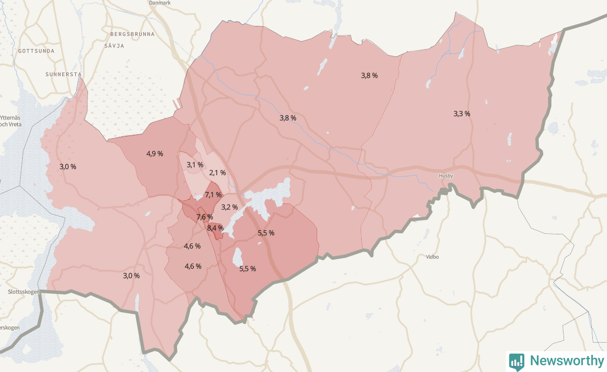 Koroplet-karta över partiets stöd i kommunens valdistrikt. Se tabell.