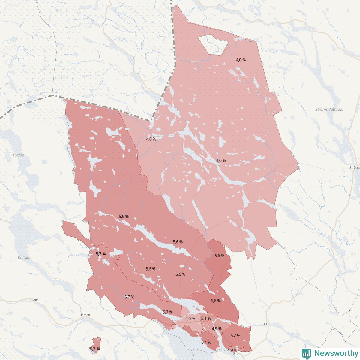 Koroplet-karta över partiets stöd i kommunens valdistrikt. Se tabell.