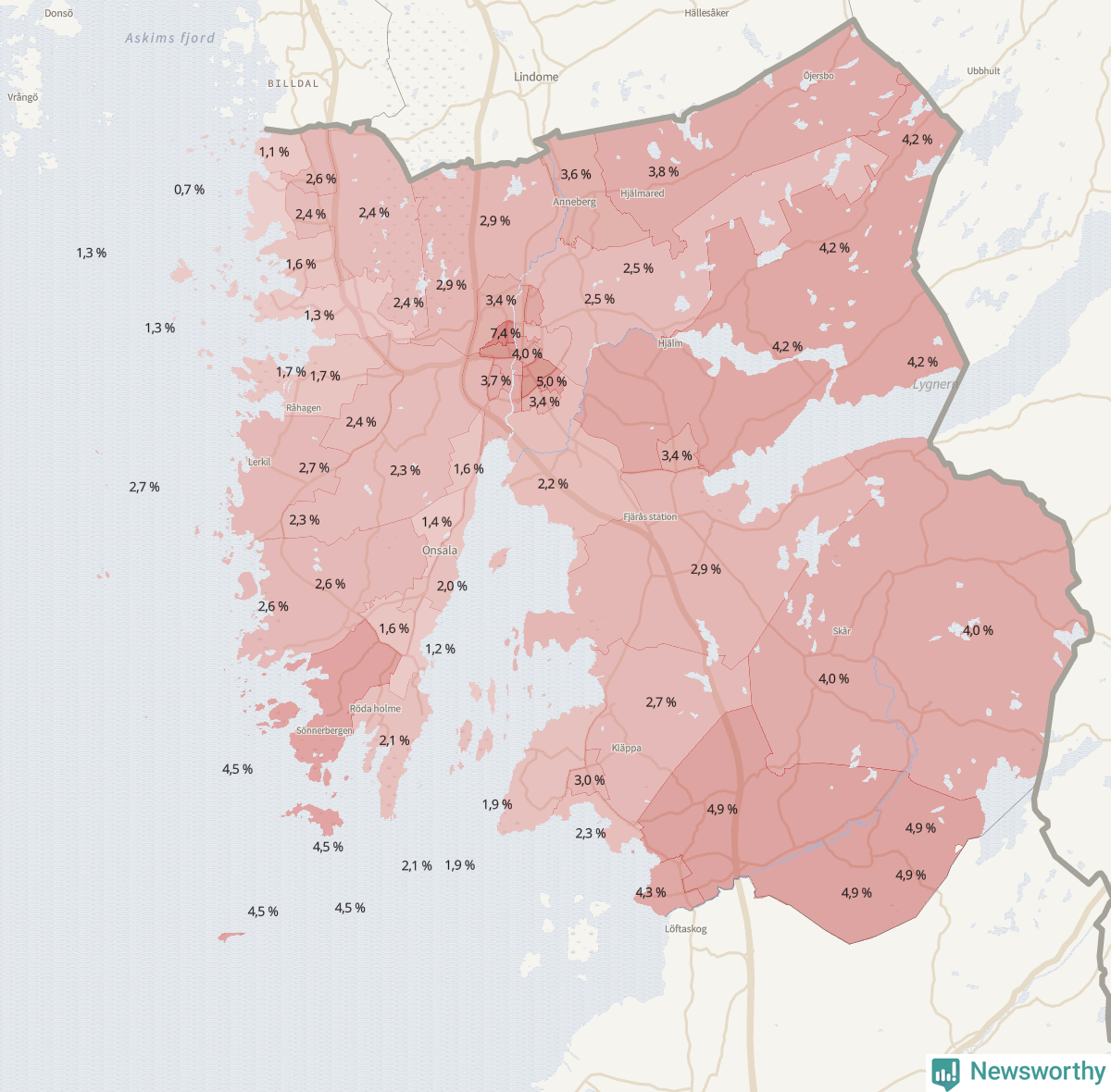 Koroplet-karta över partiets stöd i kommunens valdistrikt. Se tabell.