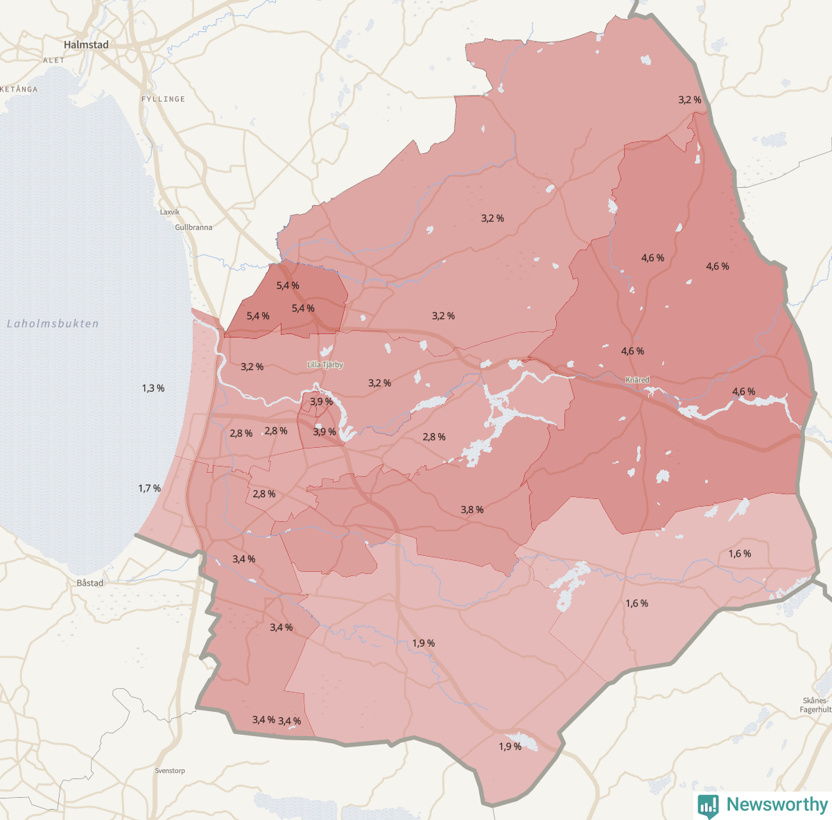 Koroplet-karta över partiets stöd i kommunens valdistrikt. Se tabell.