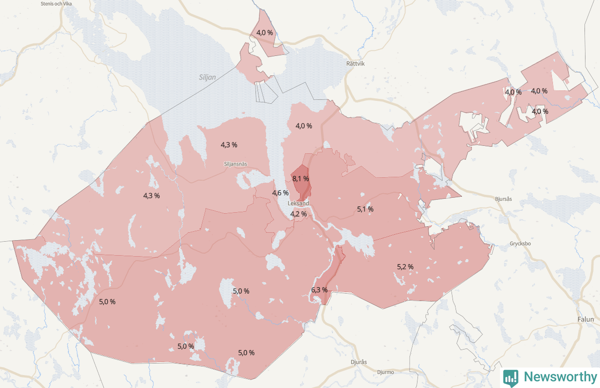 Koroplet-karta över partiets stöd i kommunens valdistrikt. Se tabell.