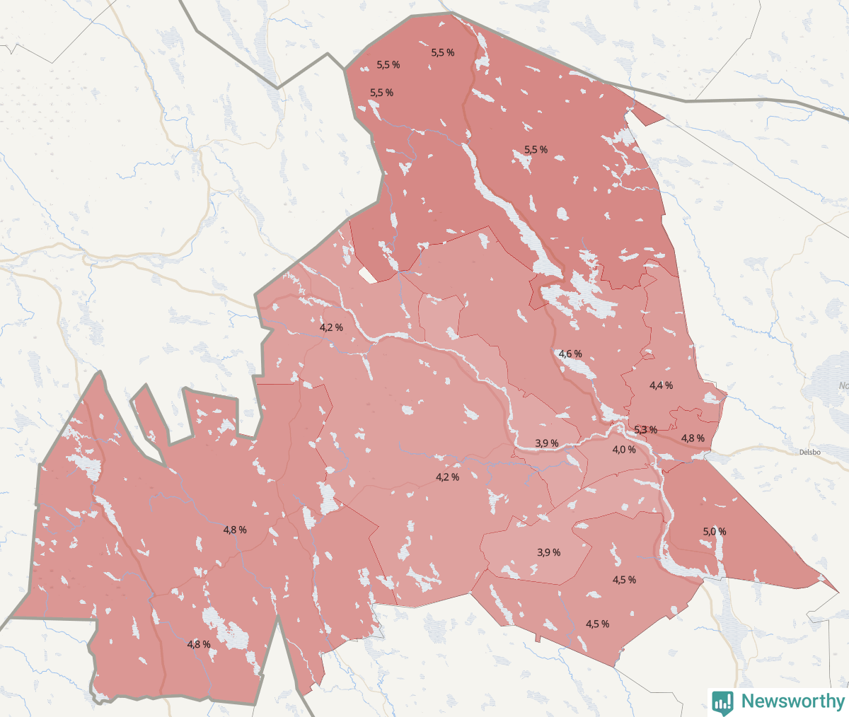 Koroplet-karta över partiets stöd i kommunens valdistrikt. Se tabell.