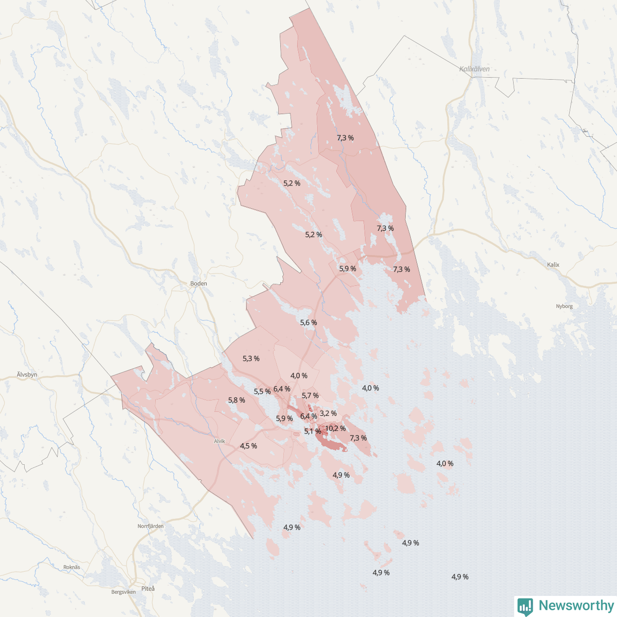 Koroplet-karta över partiets stöd i kommunens valdistrikt. Se tabell.