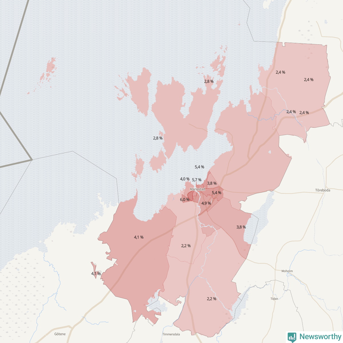 Koroplet-karta över partiets stöd i kommunens valdistrikt. Se tabell.