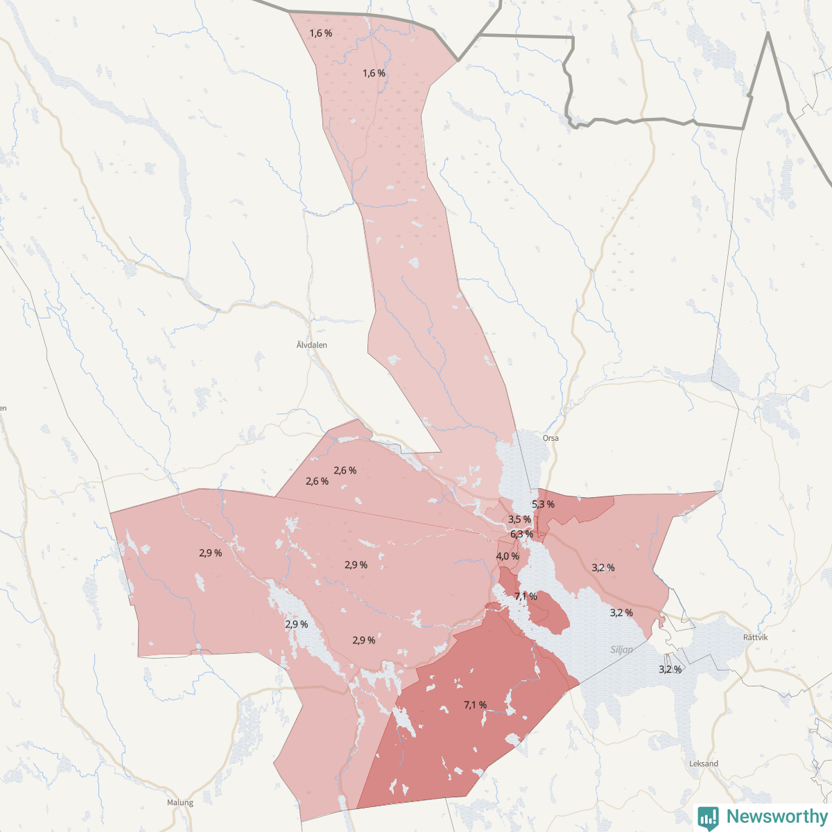 Koroplet-karta över partiets stöd i kommunens valdistrikt. Se tabell.