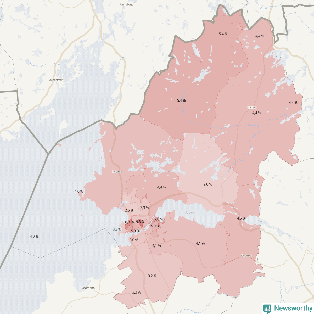 Koroplet-karta över partiets stöd i kommunens valdistrikt. Se tabell.