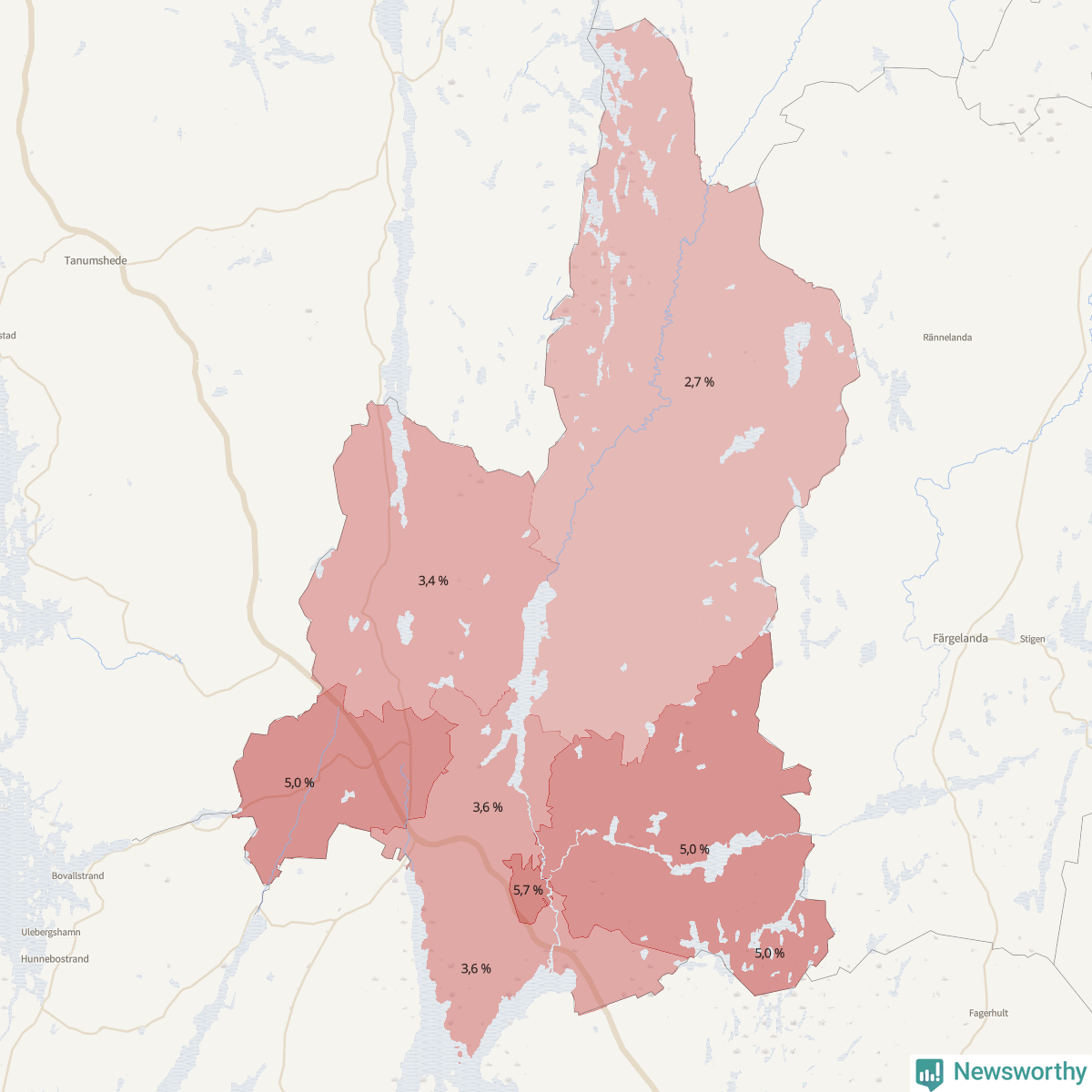 Koroplet-karta över partiets stöd i kommunens valdistrikt. Se tabell.