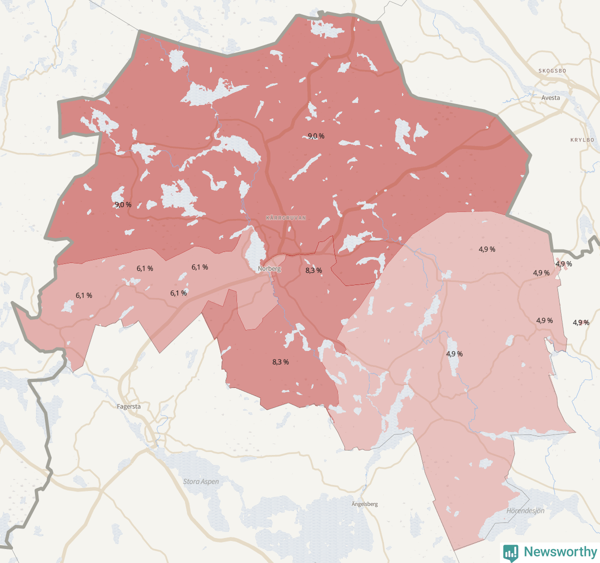 Koroplet-karta över partiets stöd i kommunens valdistrikt. Se tabell.