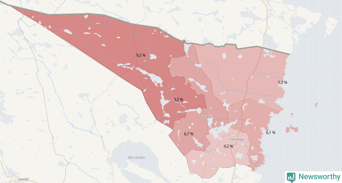Koroplet-karta över partiets stöd i kommunens valdistrikt. Se tabell.