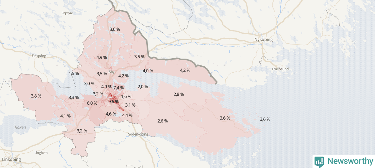 Koroplet-karta över partiets stöd i kommunens valdistrikt. Se tabell.