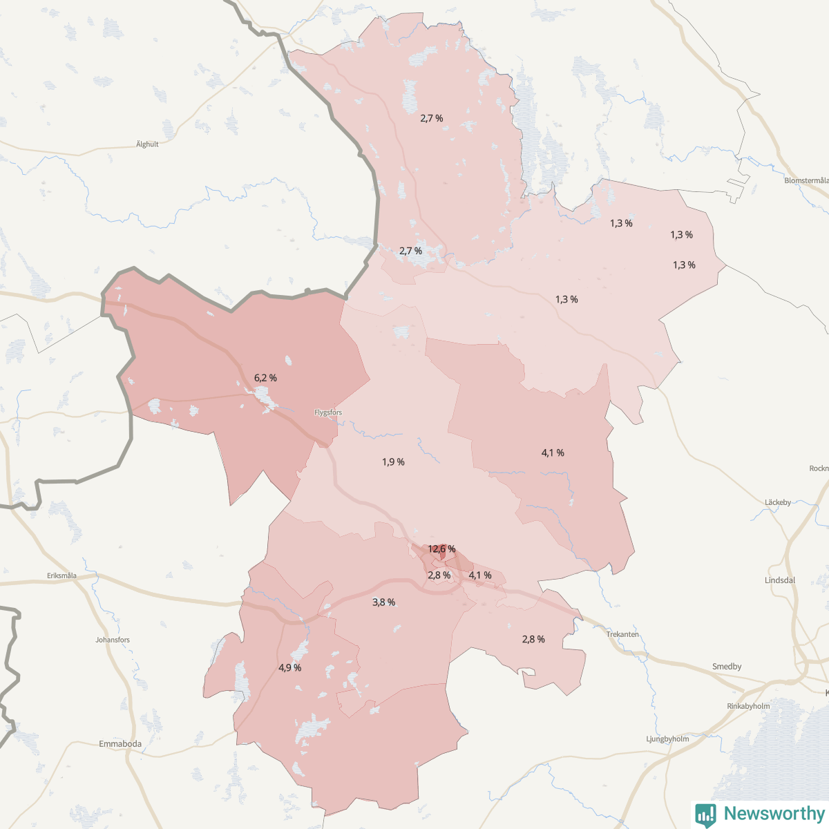 Koroplet-karta över partiets stöd i kommunens valdistrikt. Se tabell.