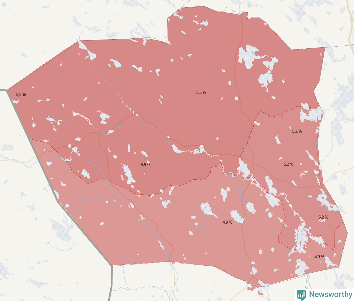 Koroplet-karta över partiets stöd i kommunens valdistrikt. Se tabell.