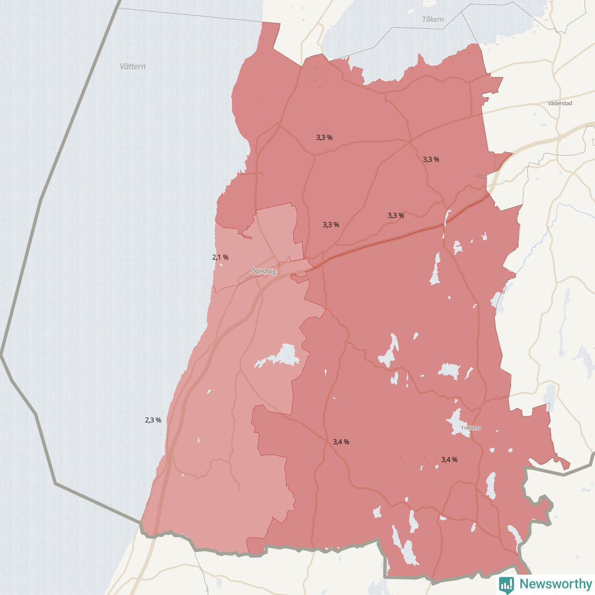 Koroplet-karta över partiets stöd i kommunens valdistrikt. Se tabell.