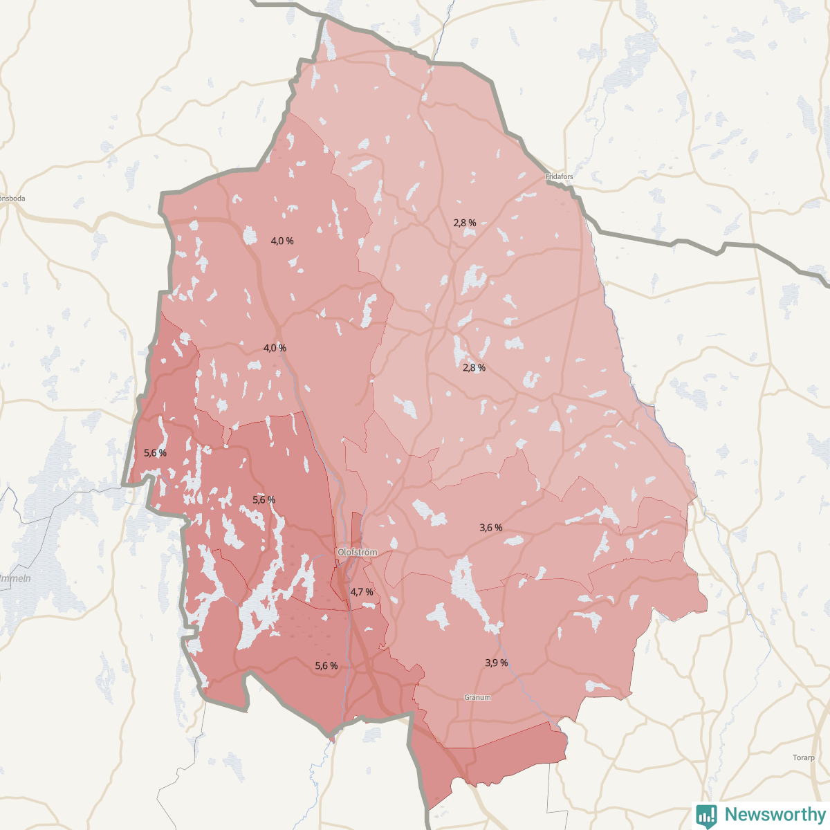 Koroplet-karta över partiets stöd i kommunens valdistrikt. Se tabell.