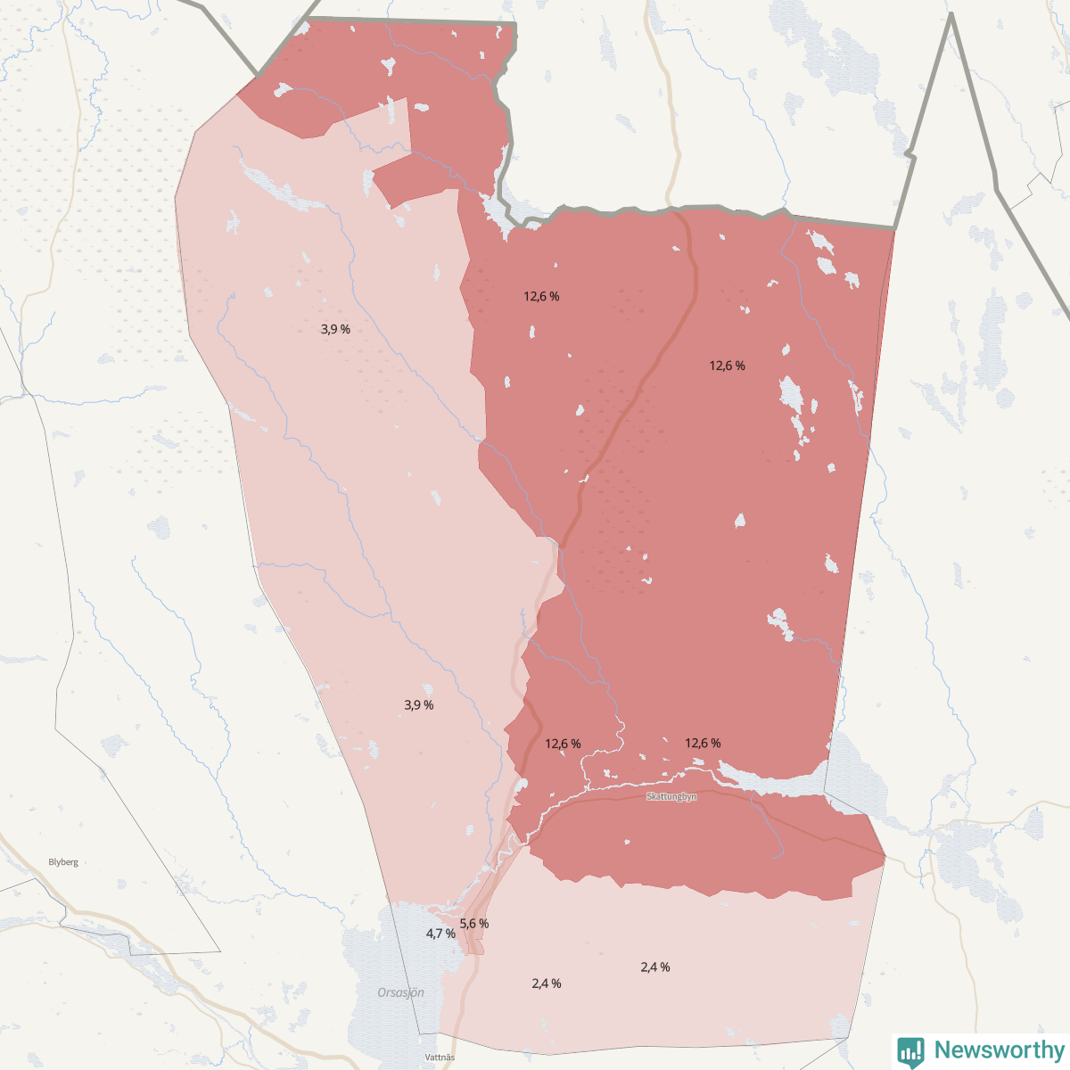 Koroplet-karta över partiets stöd i kommunens valdistrikt. Se tabell.