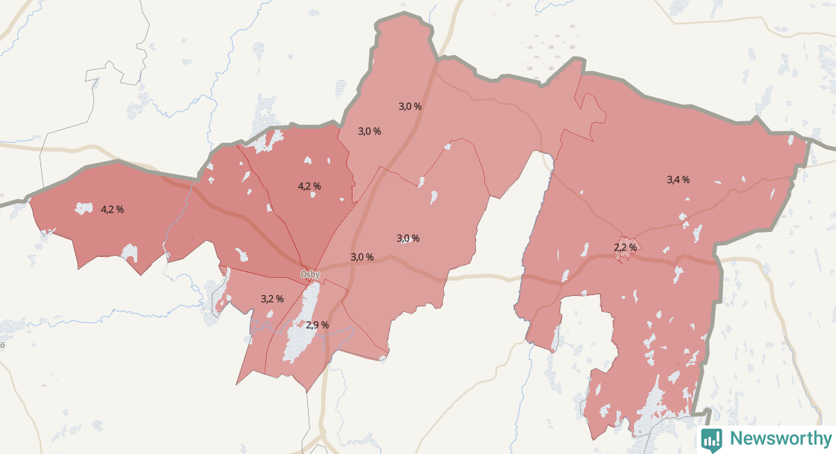 Koroplet-karta över partiets stöd i kommunens valdistrikt. Se tabell.